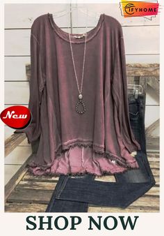 Casual Long Sleeve Round Neck Tunic Top Flattering Outfits, Boho Style Outfits, Beauty Clothes, Round Neck Tops, Women Shirts Blouse, Online Tops, Women Tops, Plus Size Tops, Long Sleeve Sweatshirts