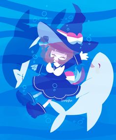 a girl riding on top of a shark in the ocean with other animals around her