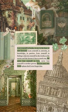 a collage of images with green and white designs on them, including an ornate building