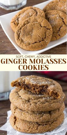 two pictures of ginger molasses cookies stacked on top of each other with the words soft and chewy