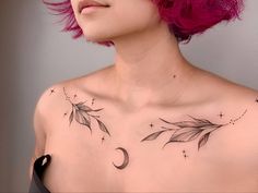 Flower And Moon Collarbone Tattoo Miniature Tattoos, Collar Tattoo, Bone Tattoos, Muster Tattoos, Chest Tattoos For Women, Minimalist Tattoos, Collar Bone Tattoo, Classy Tattoos, Elegant Tattoos