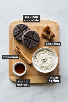 ingredients to make mexican chocolate cookies on a cutting board with text overlay that says,