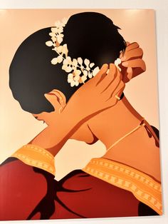 a painting of a woman with flowers in her hair, holding her hands to her face