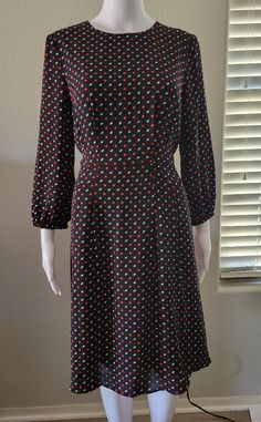 Nwt Oval Polka-Dots Layered Banded Sleeves Retro Polka Dot Workwear Dresses, Retro Polka Dot Dress For Work, Lined Long Sleeve Dress For Work, Long Sleeve Lined Dresses For Work, Long Sleeve Lined Dress For Work, Retro Red Dress For Work, Knee-length Shift Dress With Lining, Polka Dot A-line Lined Dress, Petite Dresses