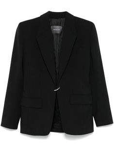 black virgin wool textured finish tailored cut clasp fastening notched lapels shoulder pads long sleeves buttoned cuffs chest welt pocket two side flap pockets Black Structured Single Button Blazer, Black Structured Single-button Blazer, Black Semi-formal Blazer With Concealed Fastening, Semi-formal Black Blazer With Concealed Fastening, Black Blazer With Concealed Fastening For Business, Sleek Formal Blazer With Concealed Front Fastening, Classic Black Blazer With Concealed Front Fastening, Classic Blazer With Notch Lapel And Concealed Fastening, Classic Notch Lapel Blazer With Concealed Fastening