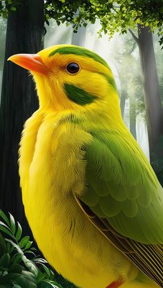 a yellow bird with green feathers sitting on a branch in the forest next to some trees