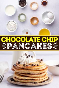 chocolate chip pancakes are stacked on top of each other with whipped cream and chocolate chips