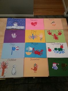 a collection of handprints on the floor for children's christmas cards to be made