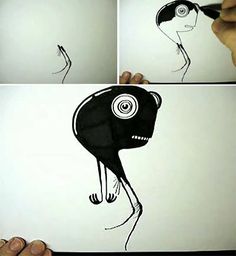 the drawing shows how to draw a cartoon character with black and white lines on paper