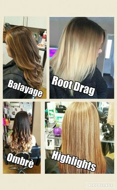 The difference between certain hair colouring techniques. Balayage, root drag, Ombrè, highlights Different Highlights Techniques, Hair Color Highlights And Lowlights, Hair Colouring Techniques, Highlights And Lowlights Blonde, Trendy Hair Highlights, Root Drag, Blonde Shades, Lowlights Blonde, Colorful Hairstyles