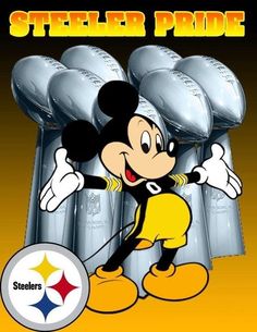 mickey mouse standing in front of the super bowl trophy with his arms out and two footballs behind him