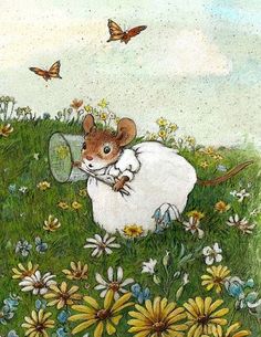 a mouse holding a tennis racquet on top of a grass covered field with flowers