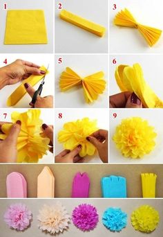 how to make tissue paper flowers with pom - poms and crepe paper