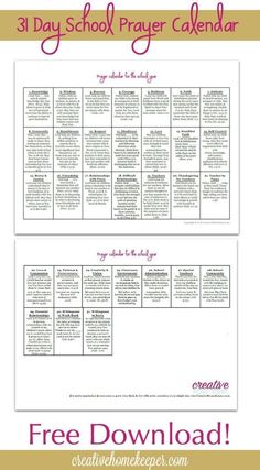 the 31 day school prayer calendar with free printables