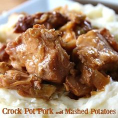 a close up of food on a plate with mashed potatoes