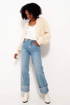 Cardigan with Long Sleeves and Diamante Button Detail in Cream - Himelhoch's Moms Jeans, Relaxed Straight Leg Jeans, Slim Mom Jeans, Satin Cami Top, Leg Belt, Classic Cardigan, Bleach Wash, Button Cardigan, Turn Up