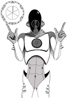 a drawing of a woman in a space suit holding two fingers up to the side