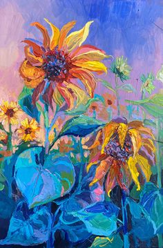 an oil painting of sunflowers in a blue vase