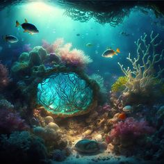 an underwater scene with fish and corals