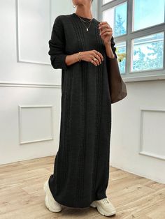 Women Drop Shoulder Long Sleeve Solid Color Long Casual Knitted Sweater Dress, Autumn/Winter Black Casual  Long Sleeve Knitwear Plain  Non-Stretch  Women Clothing, size features are:Bust: ,Length: ,Sleeve Length: Casual Knitted Sweater, Knitted Sweater Dress, Striped Sweater Dress, Dress Autumn, Style Goals, Cropped Leather Jacket, Sweater Dress Women, Knit Sweater Dress, Knit Midi Dress