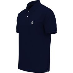 The timeless Daddy polo shirt from Original Penguin gets a fresh new look and feel with organic cotton fabric and a modern slim fit. This short sleeve men's polo is crafted with interlock fabrication that adds some natural stretch for a comfortable all-day fit. A polo collar with 2-button placket keeps things looking clean and contemporary, and a sticker Pete logo pops on the left chest. Breathable 100% Organic Cotton Fabric Interlock Fabrication Provides Natural Stretch For A Comfortable Fit Sl Cotton Golf Polo Shirt With Collared Neckline, Navy Fitted Polo Shirt, Navy Fitted Cotton Polo Shirt, Classic Navy Cotton Polo Shirt, Penguin Polo Shirt Men, Functional Moisture-wicking Cotton Polo Shirt, Navy Moisture-wicking Collared Polo Shirt, Blue Moisture-wicking Polo Shirt With Collar, Blue Moisture-wicking Polo Shirt