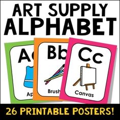 three posters with the words art supply alphabet