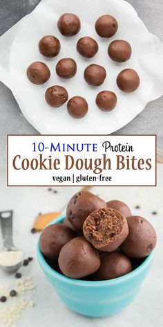 chocolate covered cookie dough bites in a blue bowl with the title overlay reading 10 - minute protein cookie dough bites vegan glutter free