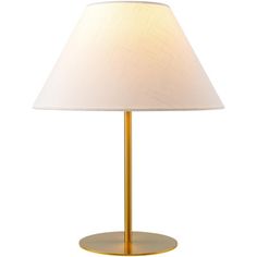 a lamp with a white shade on top of it and a gold base is shown