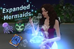 a woman in a purple dress standing next to an animated sign with the words expanded mermaids on it