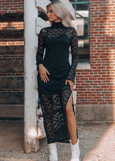 Unleash your mysterious side with our stunning black lace dress. The attached mini slip provides coverage while the side slit adds a touch of allure. The mock neck and bell sleeves add a unique touch, making this dress perfect for fall and winter. Get ready to turn heads in this must-have piece! 90% Nylon, 10% Spandex Sophie is 5'6" wearing a size small Black Lace Long Sleeve Dress, Lace Long Sleeve Dress, Black Lace Mini Dress, Mini Slip, Lace Long Sleeve, Long Sleeve Lace Dress, Black Lace Dress, Swimwear Sale, Lace Mini Dress