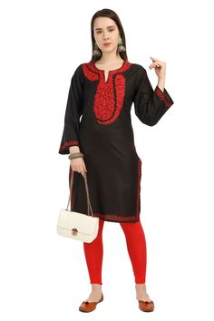 "Kashmiri Aari Embroidered Cotton Kurti.These Kurtis Is Made Of Rayon Cotton Its Embroidered With Aari Work.The Embroidery Done On This Is A Traditional Kashmiri Embroidery Known As 'Aari Work''.It Can Be Matched With Many Outfits.A Stunningly Marvellous Kurti. Product Details - Condition: Brand New - Handmade - Style: Kurti Tunic - Fabric: Ruby Cotton - Embroidery: Kashmiri Aari Embroidery - Embroidery Color: red - Kurti Length: 39\" Inch - Kurti Chest: 40'' Inch - Care Instructions: Handwash O Unstitched Resham Embroidered Fabric, Zari Work Embroidered Top For Eid, Fitted Embroidered Top For Eid, Black Embroidered Fabric With Intricate Details, Black Semi-stitched Embroidered Fabric, Traditional Black Embroidered Top, Traditional Fitted Embroidered Top With Embroidered Border, Fitted Traditional Embroidered Top With Embroidered Border, Embroidered Fabric With Zari Work