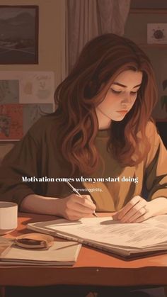 a woman sitting at a desk writing on a piece of paper with the words motivation comes when you start doing