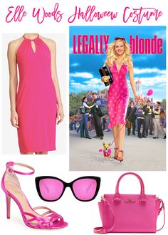 a woman in pink dress and sunglasses next to a poster with the words legally blonde on it