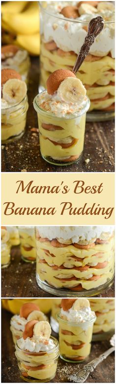 banana pudding with whipped cream and bananas on top in small glass dishes, one is topped with