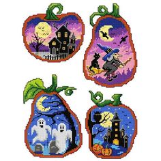 four pumpkins decorated with halloween images on them