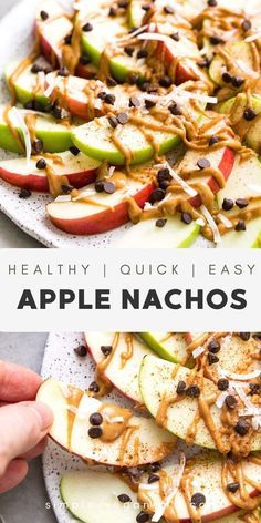 apple nachos on a plate with caramel drizzle and chocolate chips