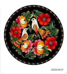 two birds sitting on top of flowers in a black circle with red, orange and yellow colors