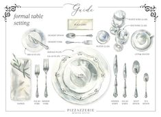 a table setting with silverware and utensils on it, in an ornate frame