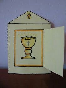 an open card with a drawing of a church cup