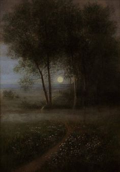 a painting of trees and grass with the moon in the background