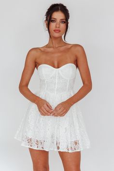 Harriette Sweetheart Lace Mini Dress Off White by Selfie Leslie White Pumps, Grad Dresses, Iron Material, Lace Mini Dress, Lace Overlay, Sweetheart Neckline, White Lace, Jumpsuit Romper, Pearl Necklace