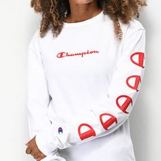 ********************* Champion Long Sleeve T-Shirt Is New Without Tags******************** Clean And Fashionable, Featuring Champion Script Logo Detailing Across The Chest, This Piece Also Has Reoccurring Champion Logos Down The Left Sleeve, Finished With An Embroidered Patch At The Base. 100% Cotton And Regular Style Fit, Grab The Champion Script Black Long Sleeve T-Shirt To Add To All Your Winter Outfits. ~ Unisex ~Ribbed Crew Neck Collar. ~100% Cotton. ~Machine Wash Cold, Tumble Dry Low. White Text Print Crew Neck Top, Sporty White Tops With Text Print, Red Long Sleeve Top With Text Print, White Tops With Text Print For Fall, White Text Print Tops For Fall, Champion Logo, Script Logo, Embroidered Patch, Neck Collar