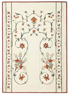 an embroidered wall hanging with flowers and vines on it's border, in white