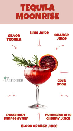 Tequila Moonrise Cherry Juice Cocktail, Christmas Cocktail Ideas, Bartending Drinks, Spanish Cocktails, Orange Juice Cocktails, Blood Orange Cocktail, Cherry Drink, Aphrodisiac Foods, Rosemary Simple Syrup