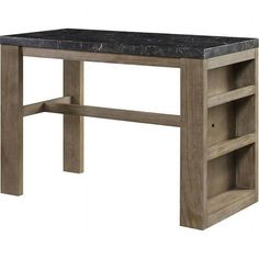 a wooden desk with black marble top and shelves on the bottom shelf, against a white background