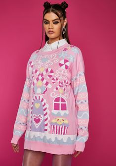 Sugar Thrillz Gingerbread House Oversized Sweater - Multi – Dolls Kill Kitsch Clothing, Strawberry Chips, Powder Puff Girls, Techno Clothes, 80s Inspired Outfits, Japanese Style Clothing, Romantic Maxi Dress, Cute Christmas Sweater, Sassy Outfit