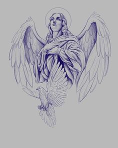 an angel with outstretched wings holding a bird