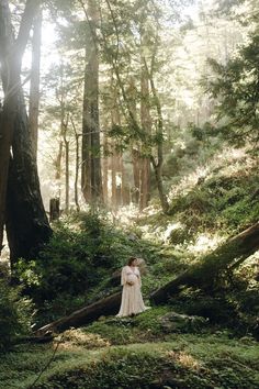 a woman in a white dress standing on a mossy hillside surrounded by tall trees