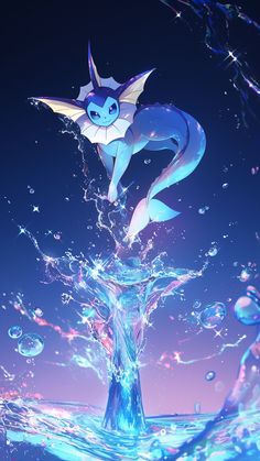 an animated image of a blue and white pokemon standing on top of a water wave