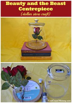 the beauty and the beast centerpiece is displayed on top of two books with a rose in it